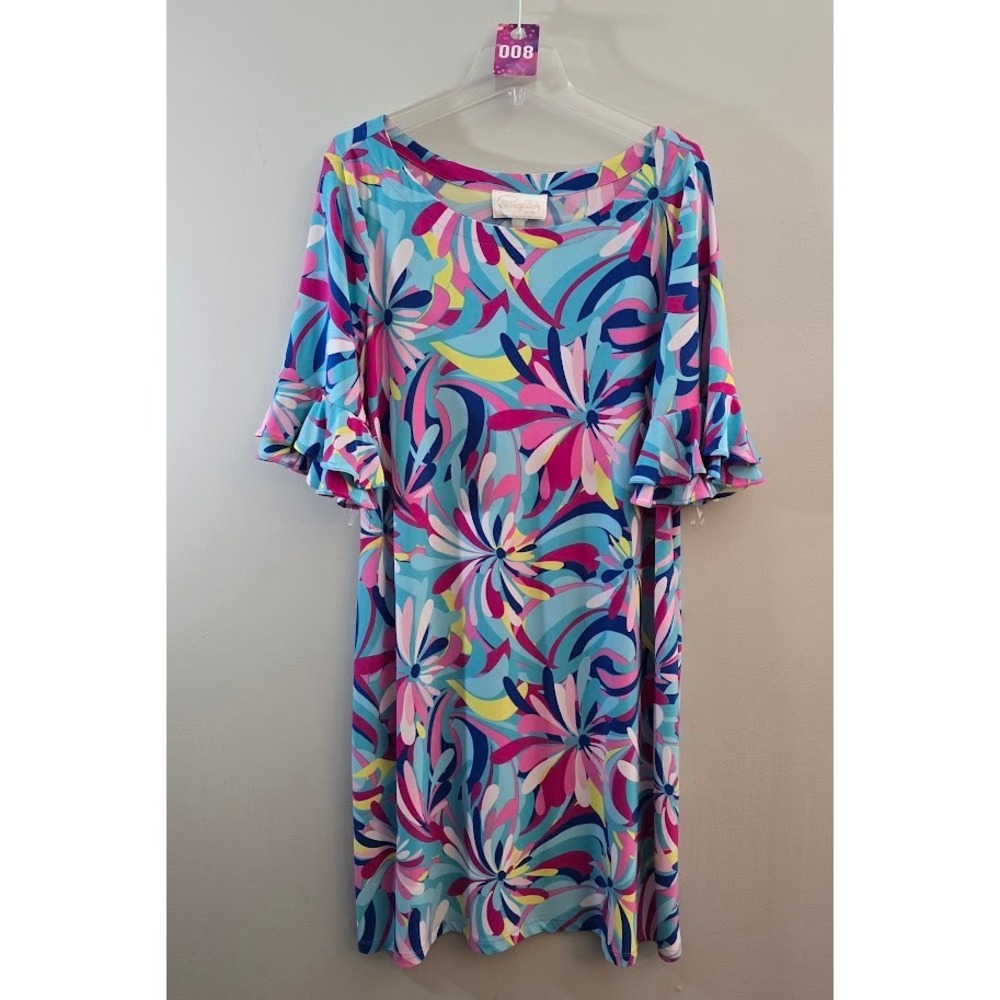 Pappagallo Womens Dress Blue Pink Abstract Ruffle Sleeve Shift Art Plus Size 1X